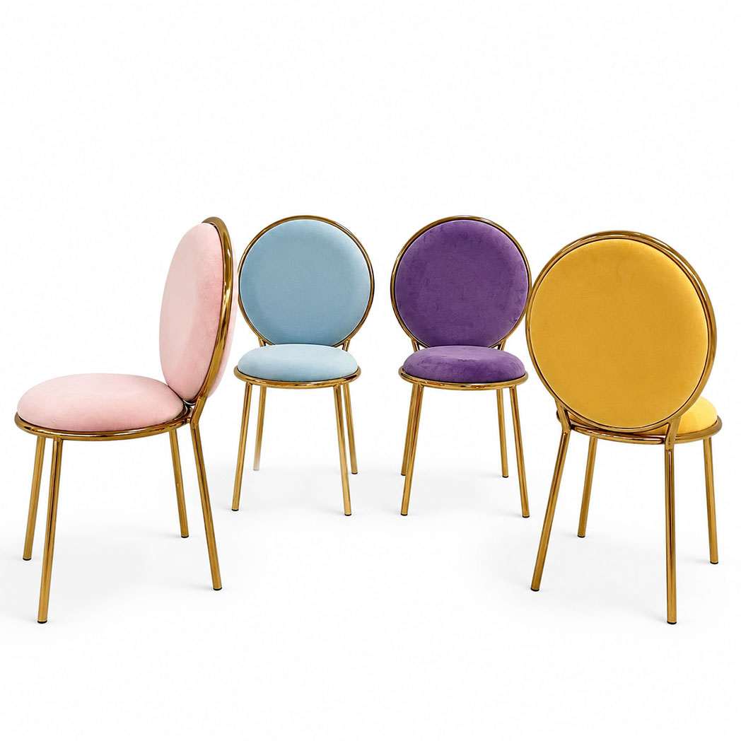 Kids Celeste Round Back Chair Multiple Velvet Color Options Kids Celeste round back event chairs in pink blue purple and yellow velvet with mirror gold stainless steel frames