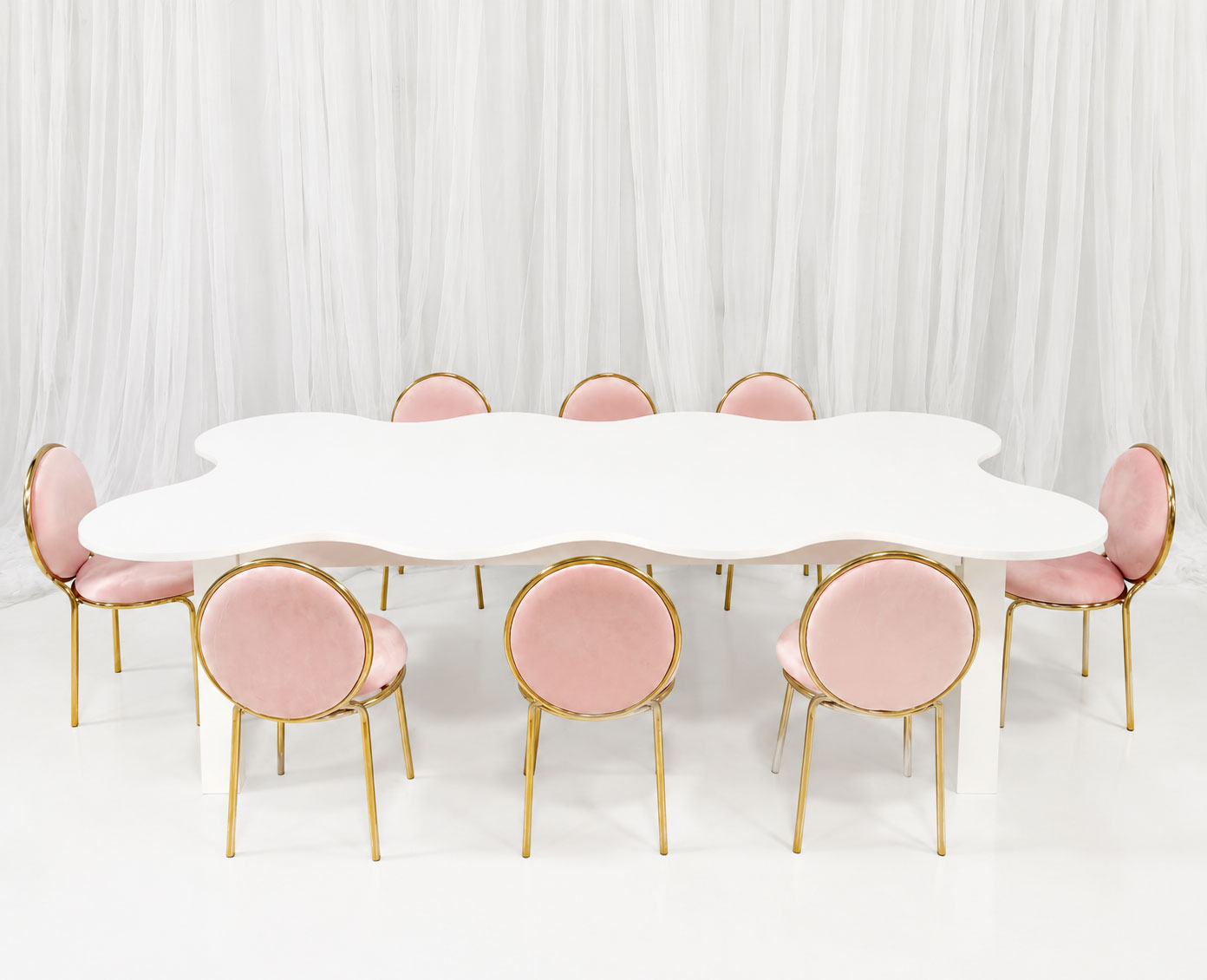 Luxury kids pink velvet round back chairs with white cloud shaped event table for birthday parties and weddings
