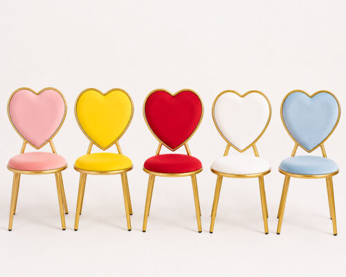 Kids heart back chairs with velvet upholstery in pastel pink yellow red white and pastel blue colors with gold metal frames