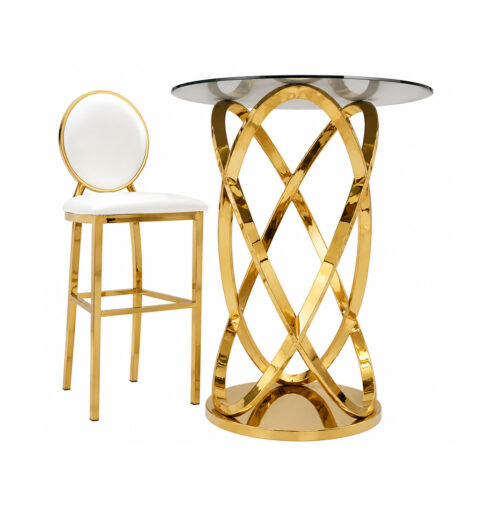Luxury gold stainless steel interlocking ring bar table with tempered glass top and matching white upholstered bar chair for wedding and hotel events