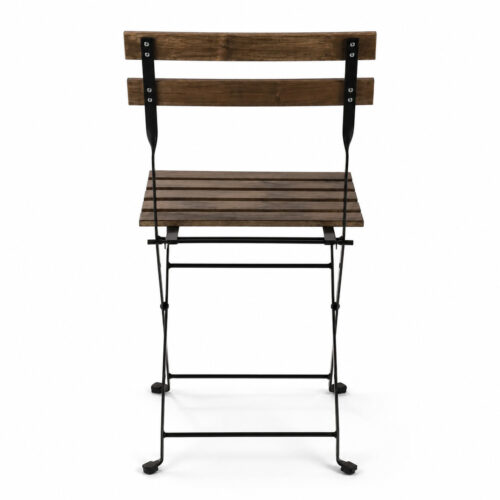 Back View of Rustic Wood Slatted Bistro Folding Chair with Black Metal Frame for Café Garden and Event Seating