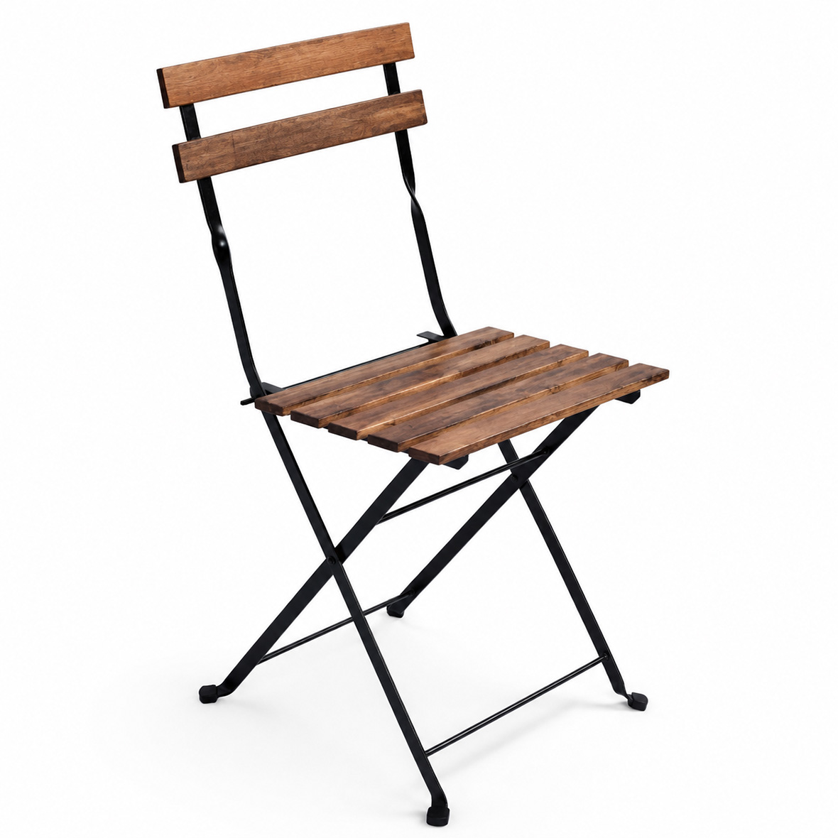 Rustic Wooden Folding Chair with Natural Wood Slats and Black Metal Frame for Outdoor Wedding and Garden Ceremony Seating