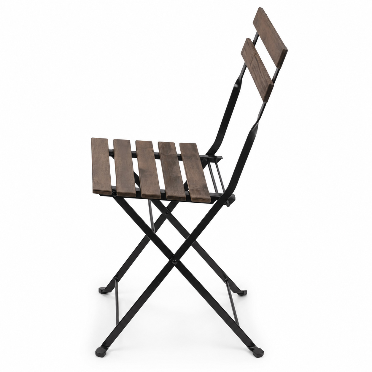 Side View of Rustic Wooden Folding Chair with Metal Frame for Bistro, Garden and Event Seating