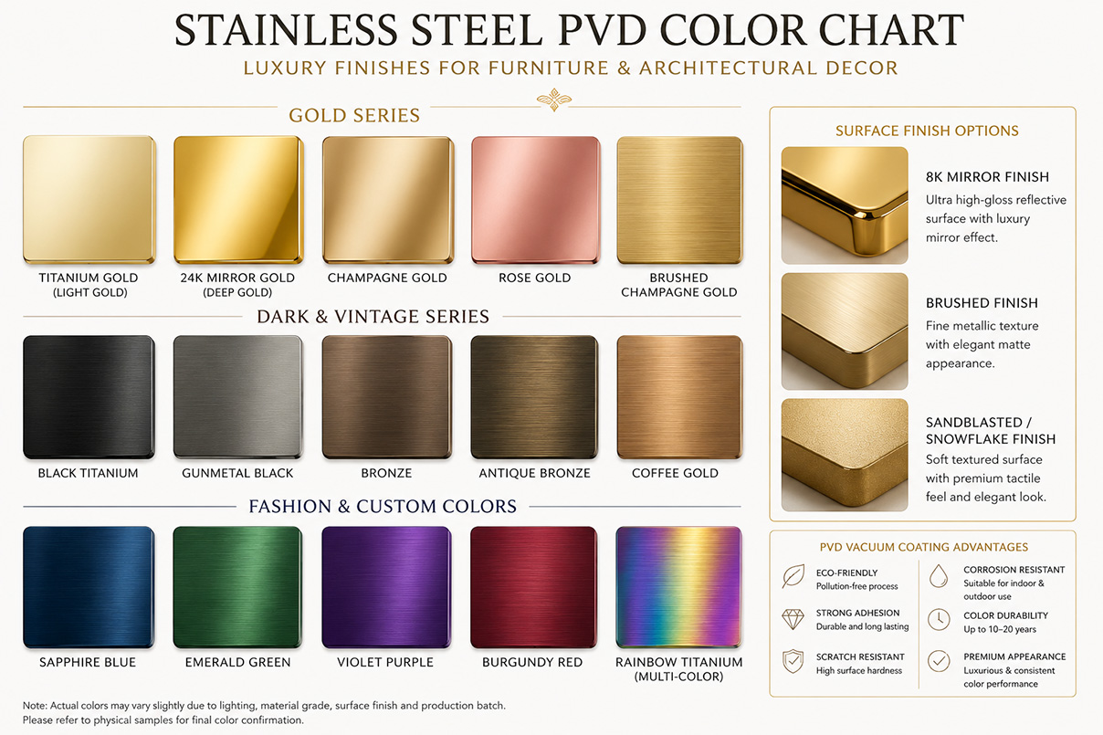 Stainless Steel PVD Color Chart for Luxury Furniture Finishes