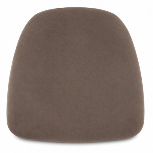 Taupe velvet panel Chiavari chair cushion with rounded commercial banquet seat design
