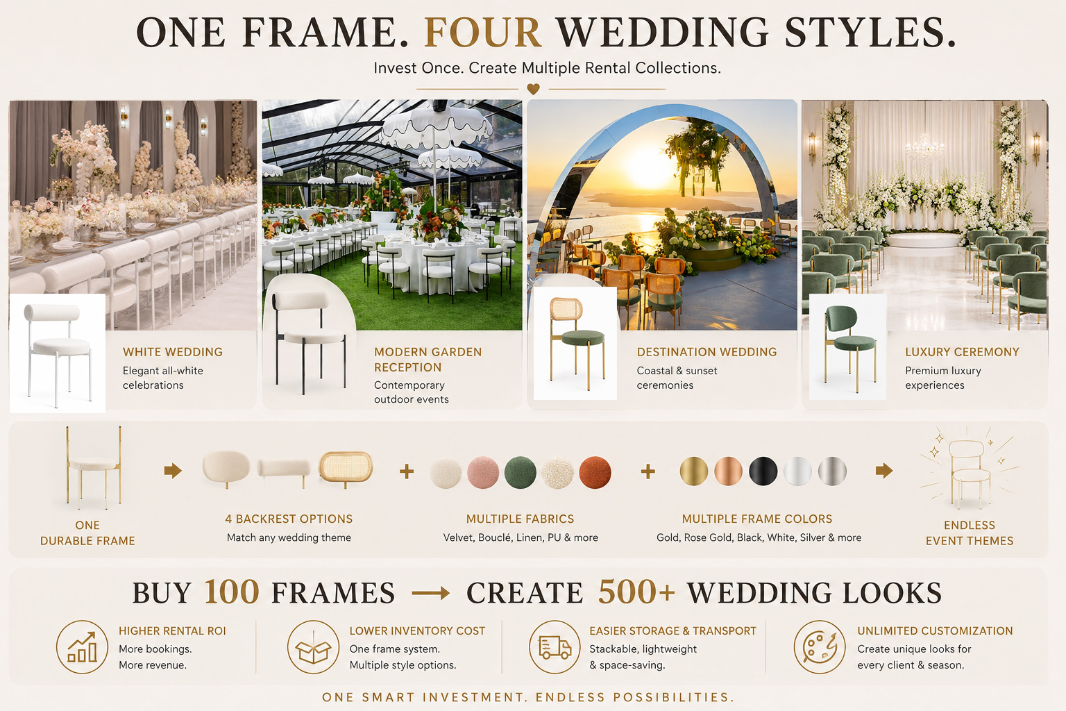 Aurora Convertible Wedding Chair Collection showing one frame creating 500 wedding looks for rental companies
