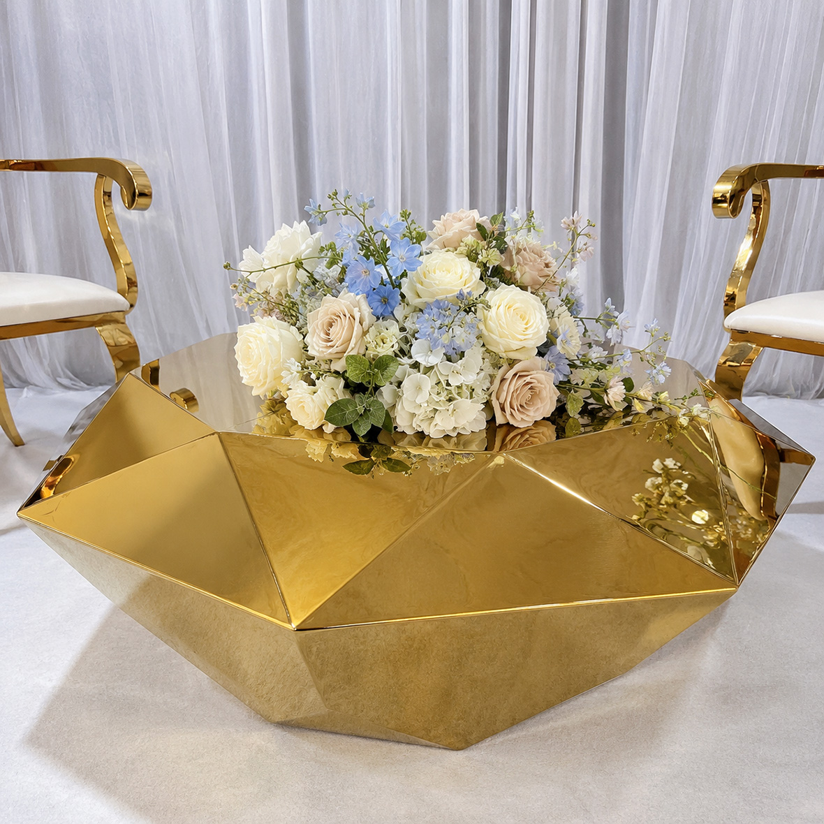 Aurora Diamond Coffee Table in mirror gold finish with geometric faceted design, luxury wedding lounge furniture and event coffee table centerpiece.