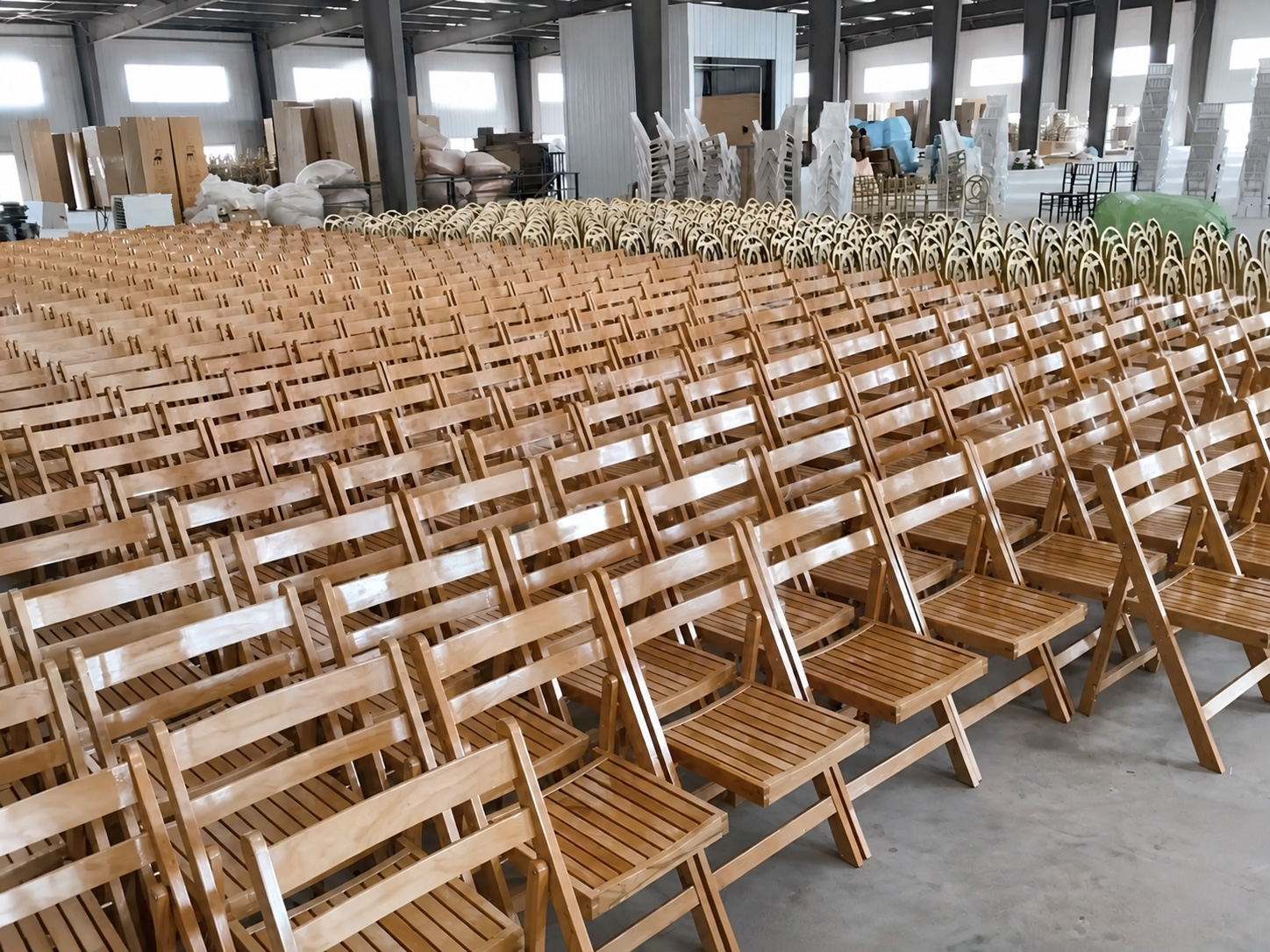 Commercial slatted wood folding chairs bulk production for event rental furniture
