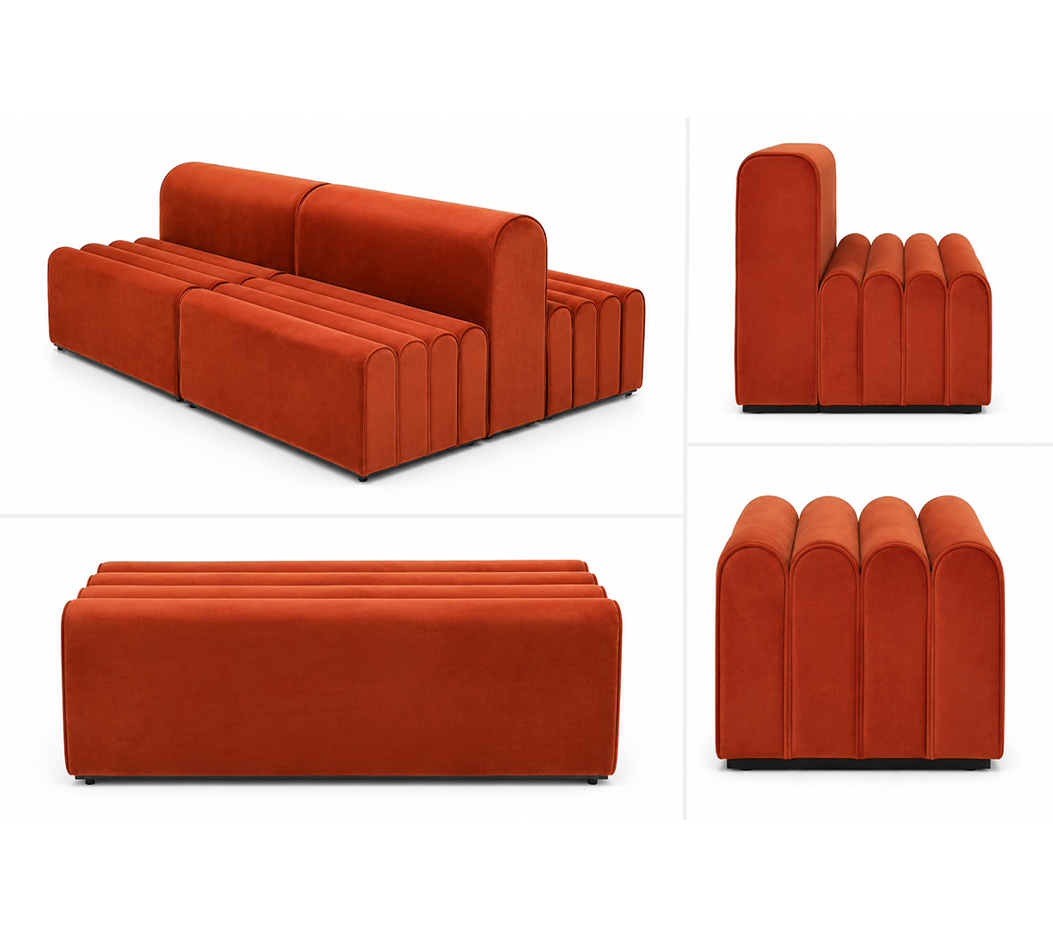 Luna Curve Modular Lounge Sofa component modules in cognac velvet showing front, side, rear, and perspective views for custom wedding lounge and event seating configurations.