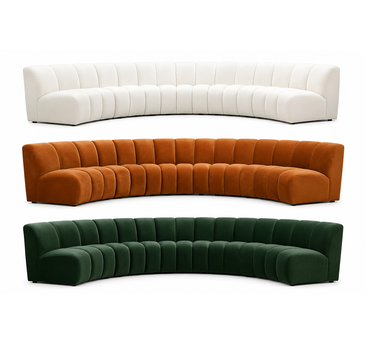 Luna Infinity Modular Lounge Sofa color options featuring white, cognac and emerald green curved sectional seating for weddings, events and luxury lounge areas.