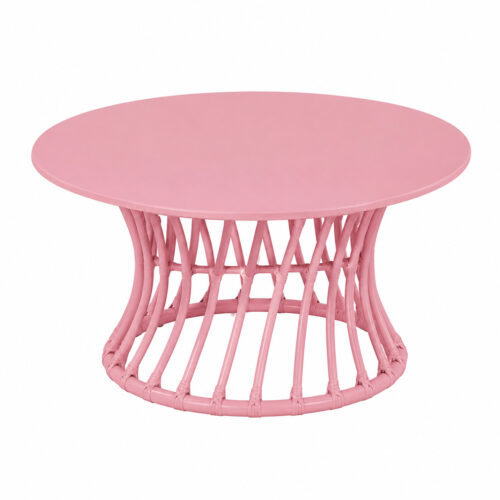 Pink rattan kids activity table with round tabletop and woven rattan base for playrooms, birthday parties and children's events.