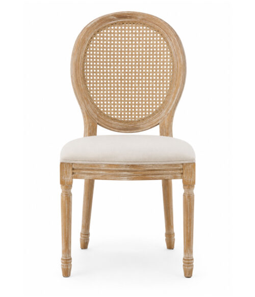 Front view of a rustic oak Louis XVI cane back chair with upholstered seat for weddings, banquets, luxury events, and dining venues.
