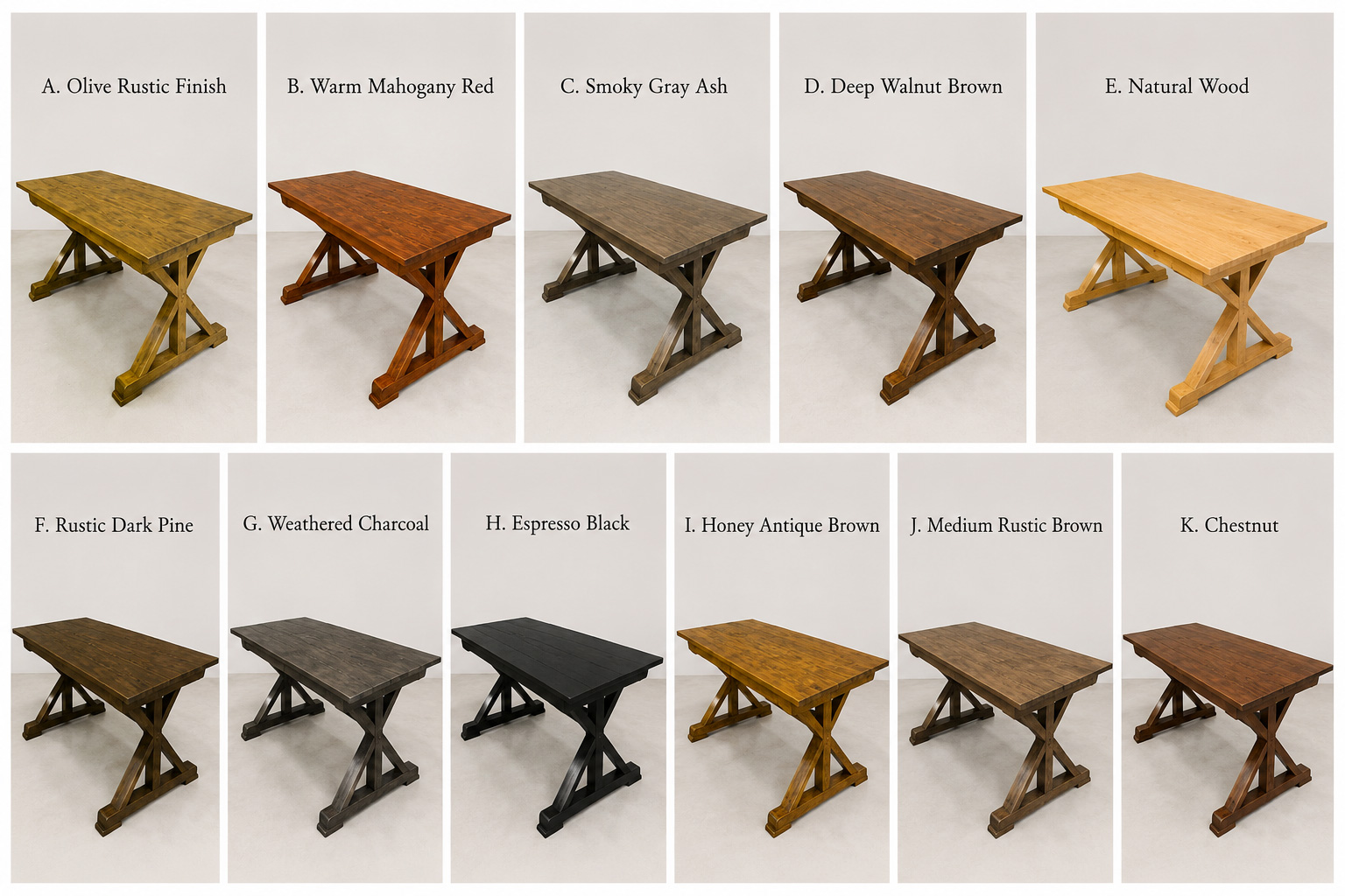 Rustic X-Trestle Farm Table Color Options – Solid Wood Wedding & Event Dining Table Finishes