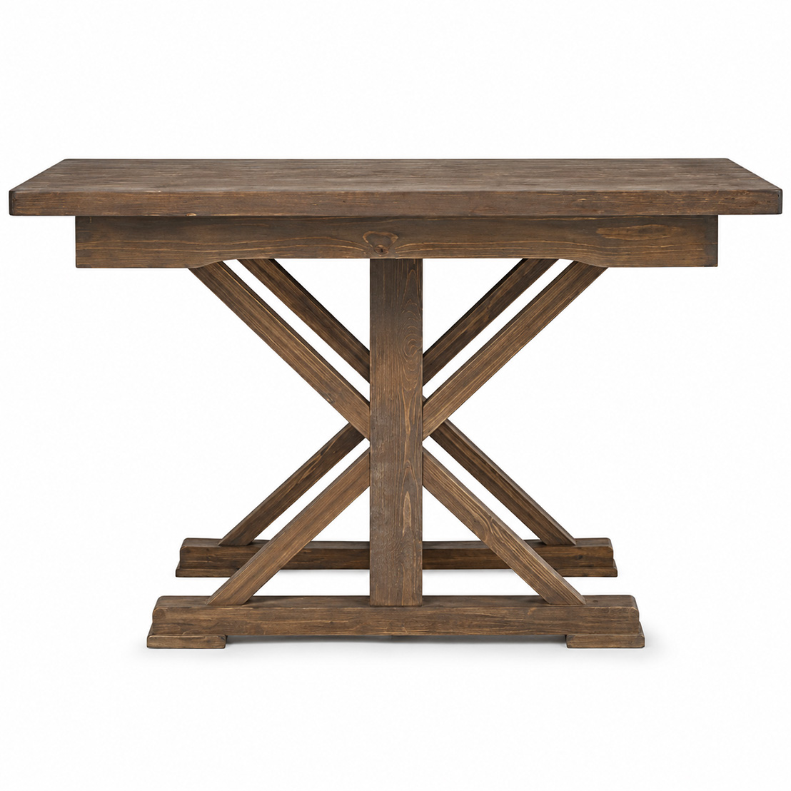 Side view of rustic X-trestle farm table in dark walnut finish with solid wood construction for wedding and event dining setups