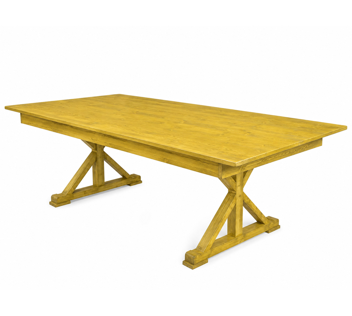 Rustic X-Trestle farm table with honey oak finish, solid wood construction, folding trestle base for wedding receptions, banquet events and hospitality dining setups
