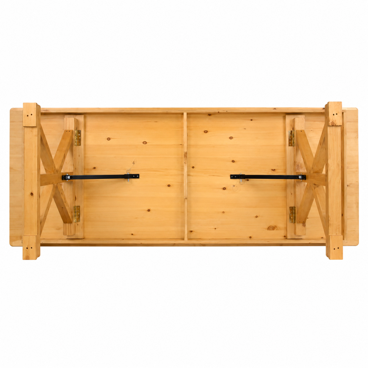 Bottom view of Rustic X-Trestle Farm Table in natural honey oak finish showing folding leg mechanism and solid wood construction