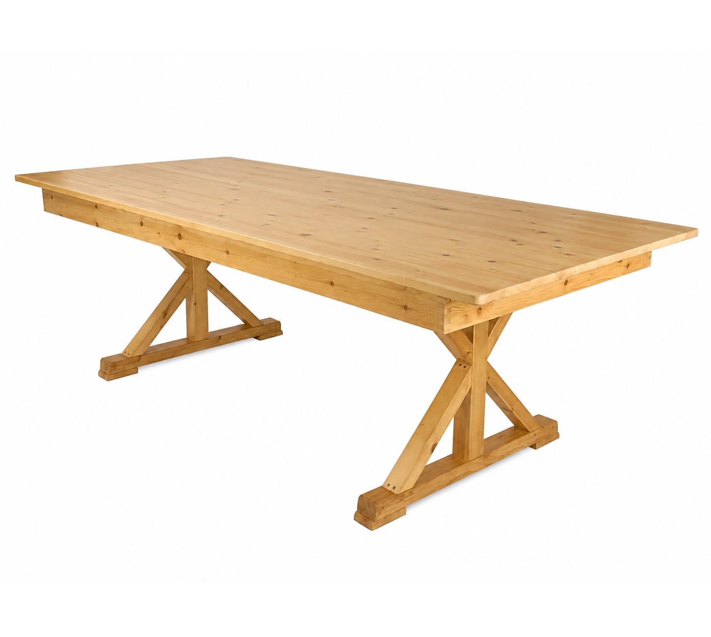 Rustic X-Trestle farm table in natural pine finish with solid wood construction for weddings, banquets and event dining