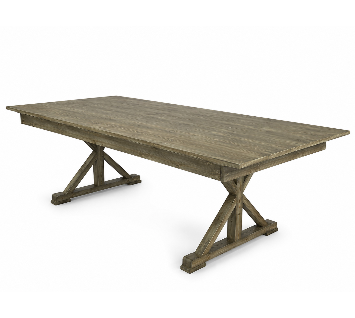 Rustic X-Trestle farm table in weathered olive grey finish with solid wood construction for weddings, banquets and event rentals