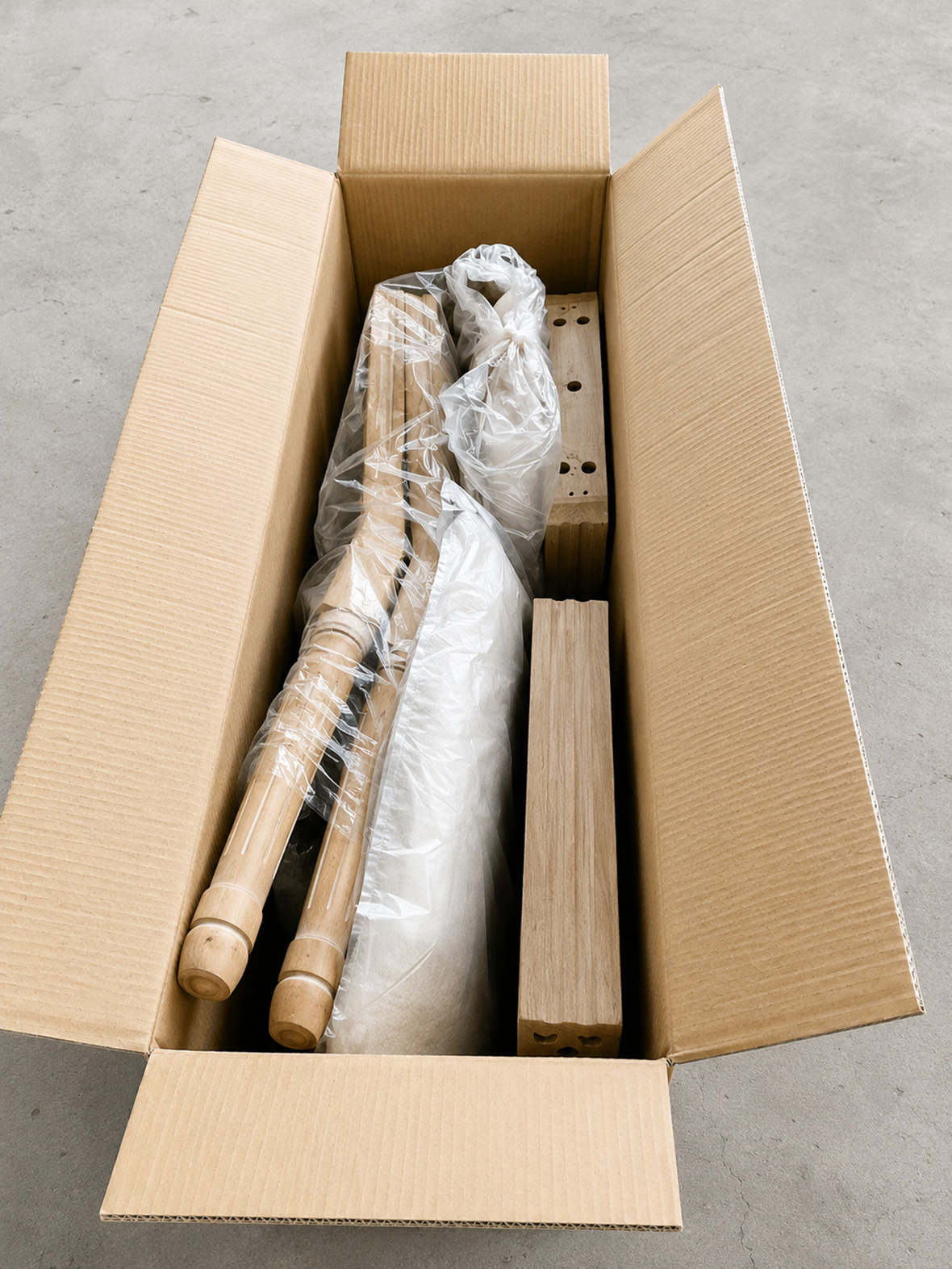 Stackable Louis XVI Oval Back Chair knock down packing detail showing disassembled chair components securely packed inside export carton