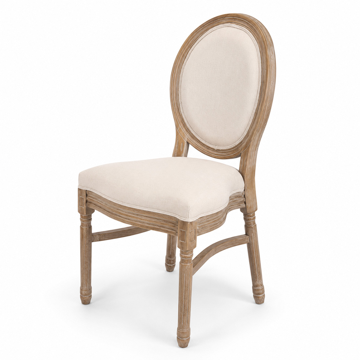 Stackable Louis XVI Oval Back Chair in rustic oak finish with upholstered oval backrest and padded seat for wedding and event seating