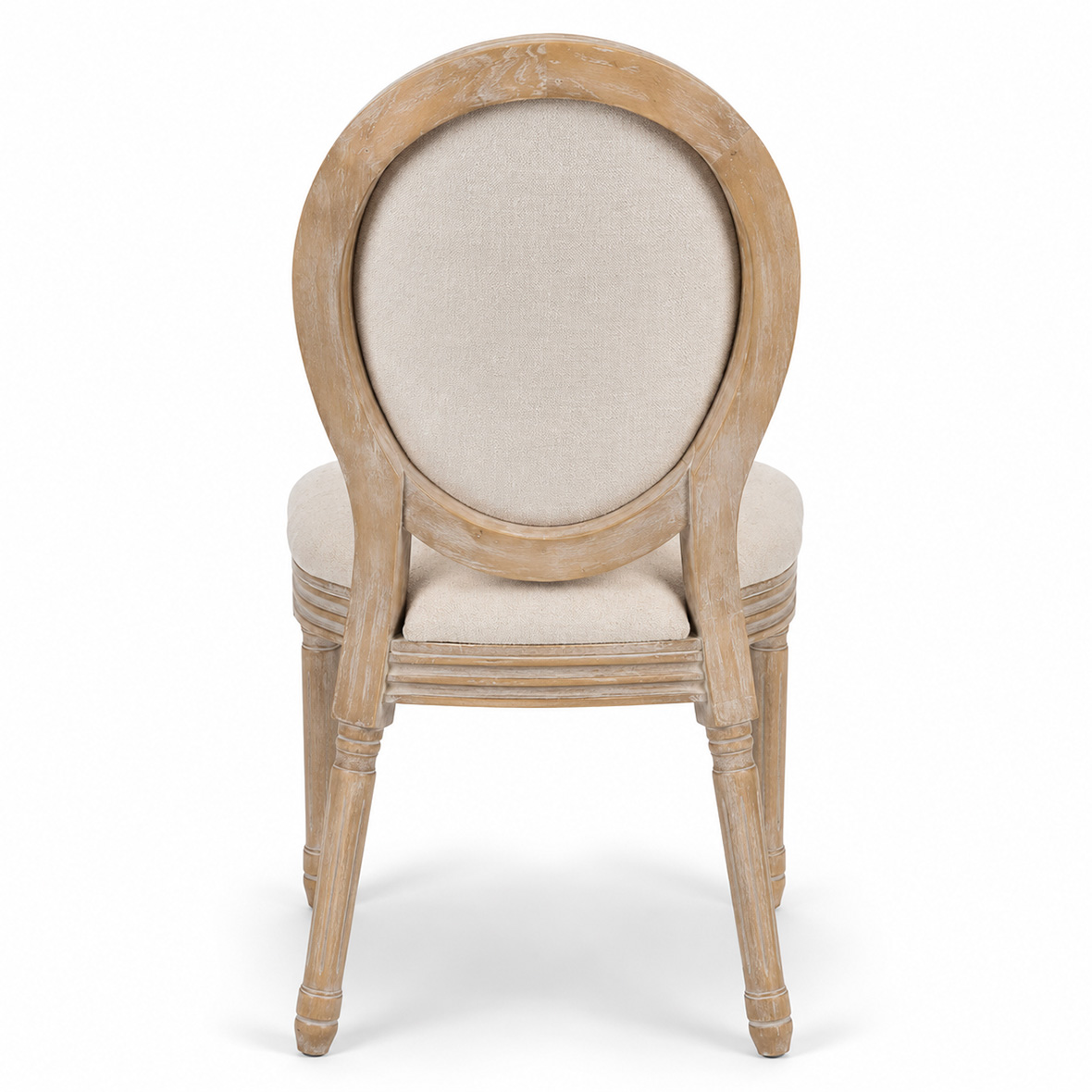 Stackable Louis XVI Oval Back Chair rear view in rustic oak finish with upholstered oval back and wedding event seating design
