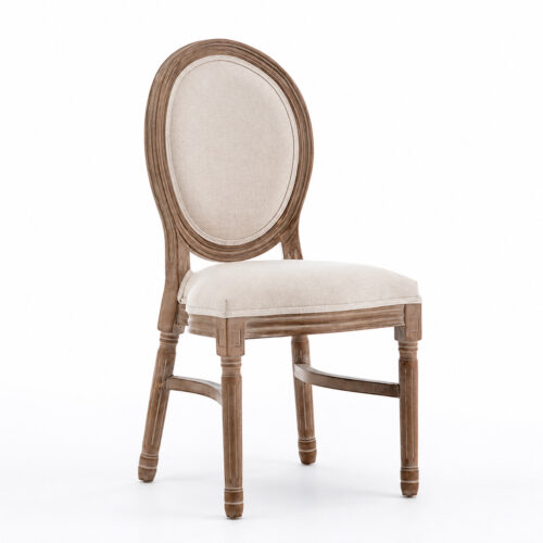 Stackable Louis XVI Oval Back Chair in rustic oak finish with upholstered oval back and seat for wedding, event and hospitality seating