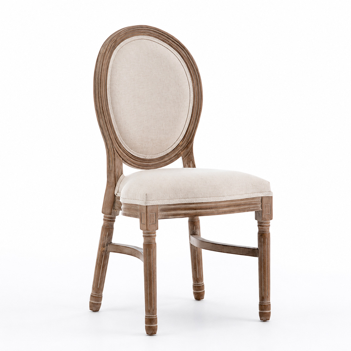 Stackable Louis XVI Oval Back Chair in rustic oak finish with upholstered oval back and seat for wedding, event and hospitality seating