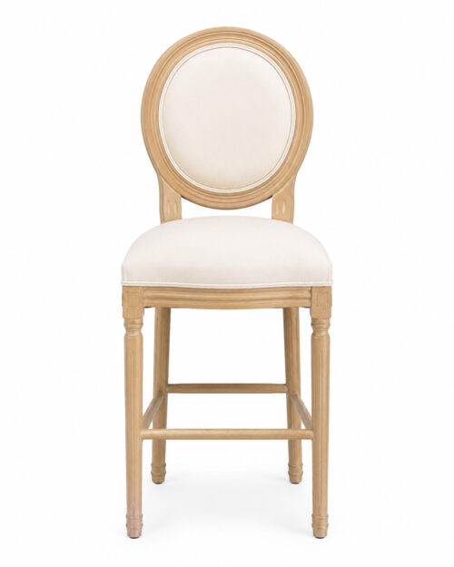 Front view of Louis Oval Back upholstered bar stool with natural wood frame and ivory upholstered seat for luxury wedding, event and hospitality venues.