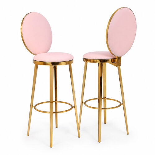 Aurelia round back bar stool with pink upholstered seat and backrest, polished gold metal frame and footrest