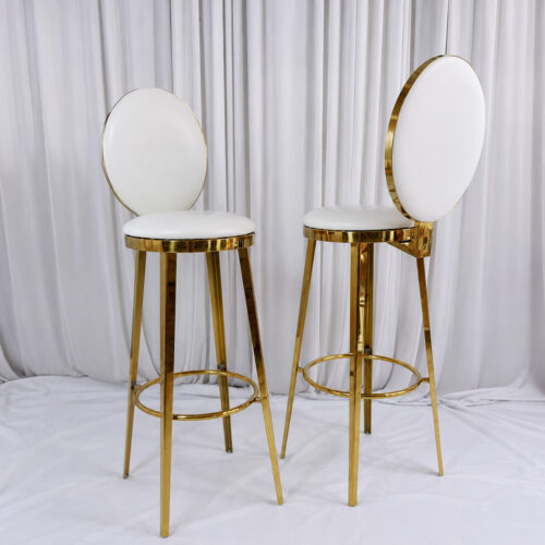 Aurelia round back bar stools with white upholstered seats and polished gold metal frames