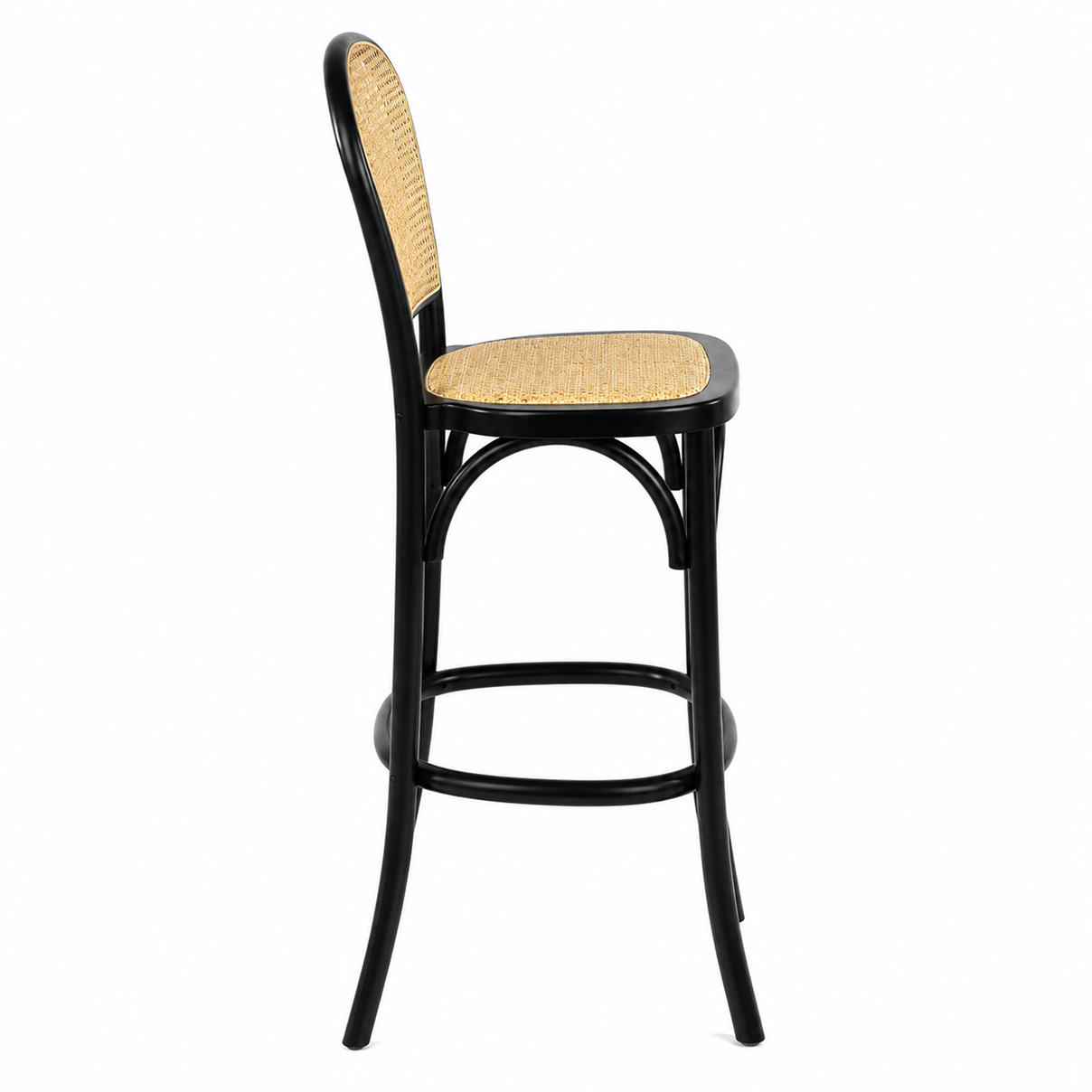 Side view of black rattan back bar stool with cane seat