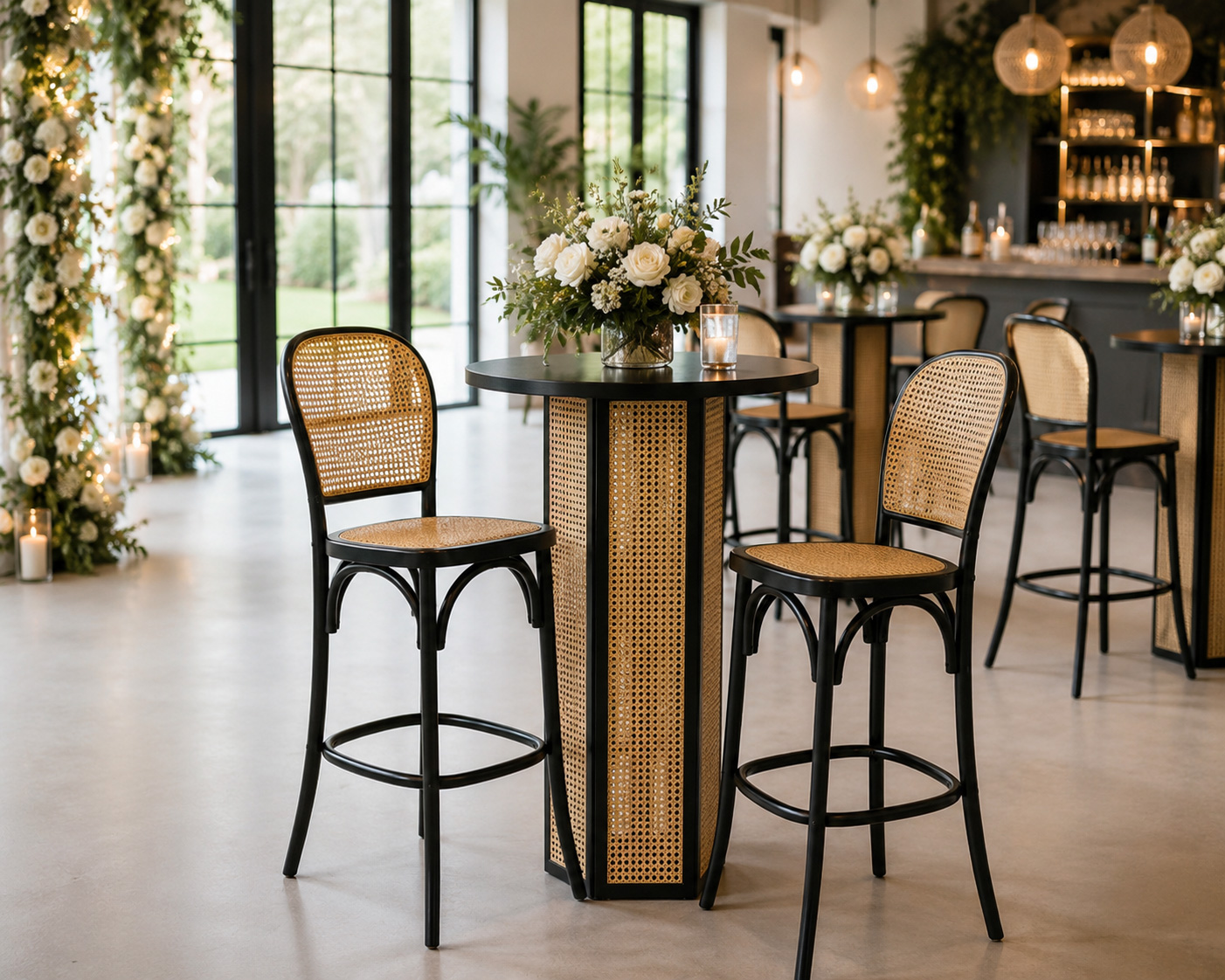 Black rattan bar stools with woven cane seats in an elegant event lounge
