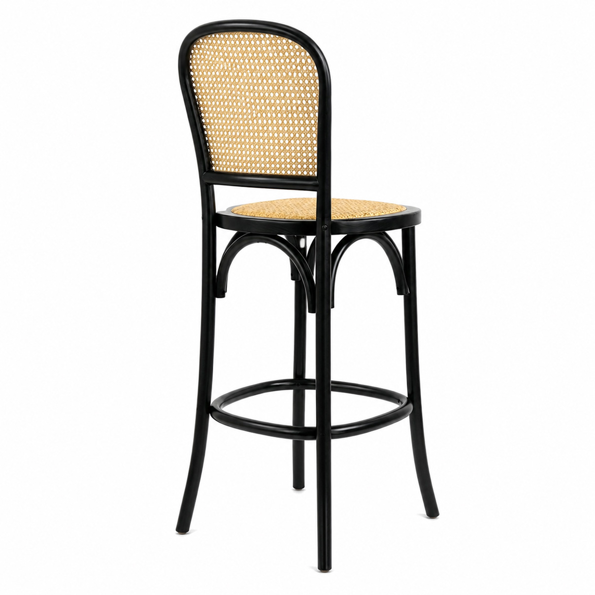 Black rattan back high bar stool with woven cane seat