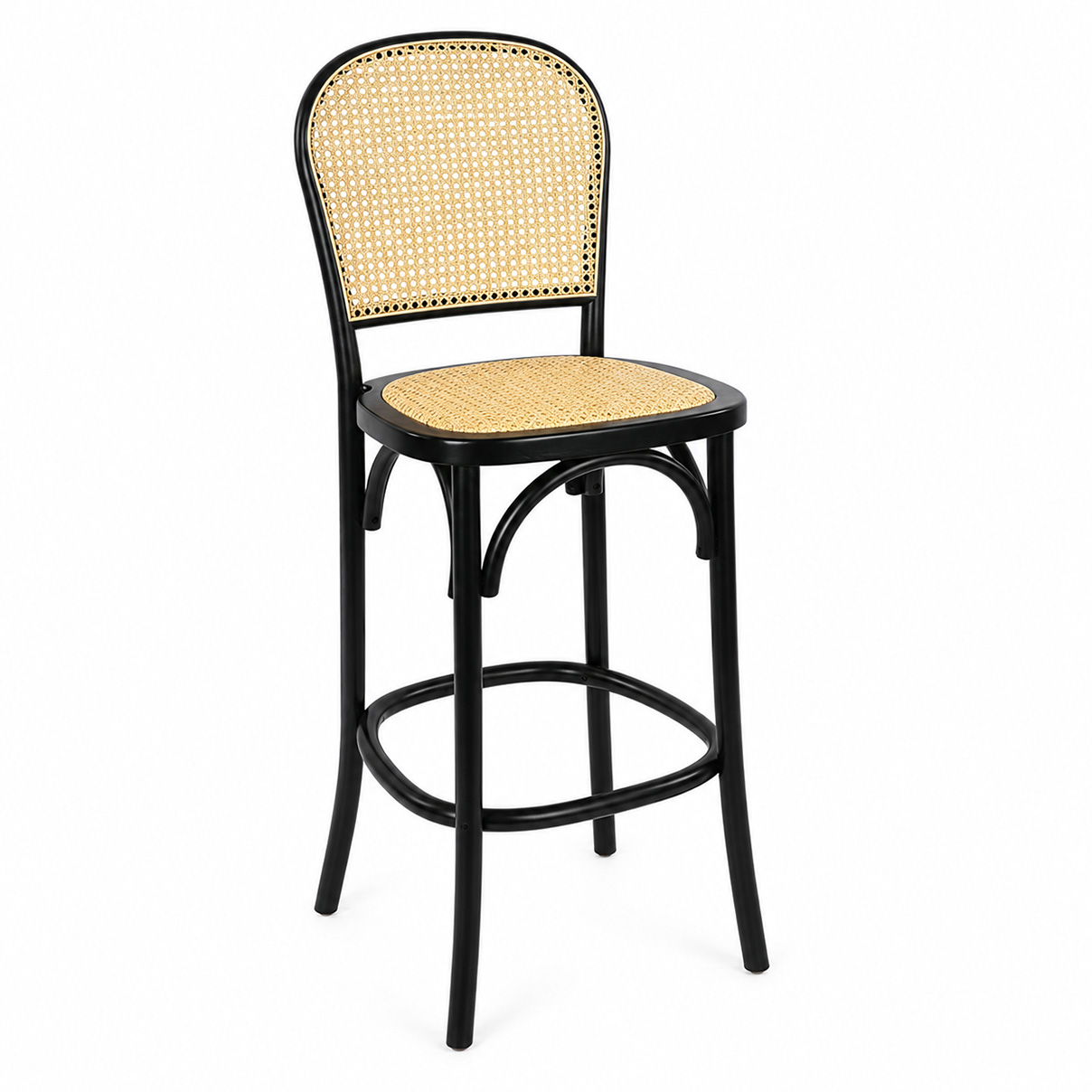 Black rattan back high bar stool with woven cane seat