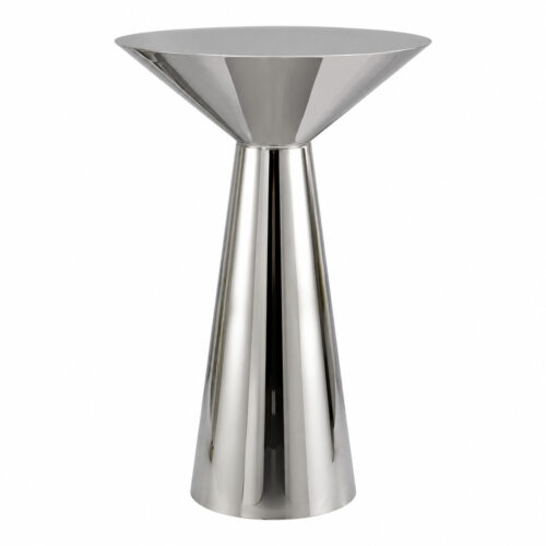Modern tapered stainless steel bar table in mirror silver finish on a white background