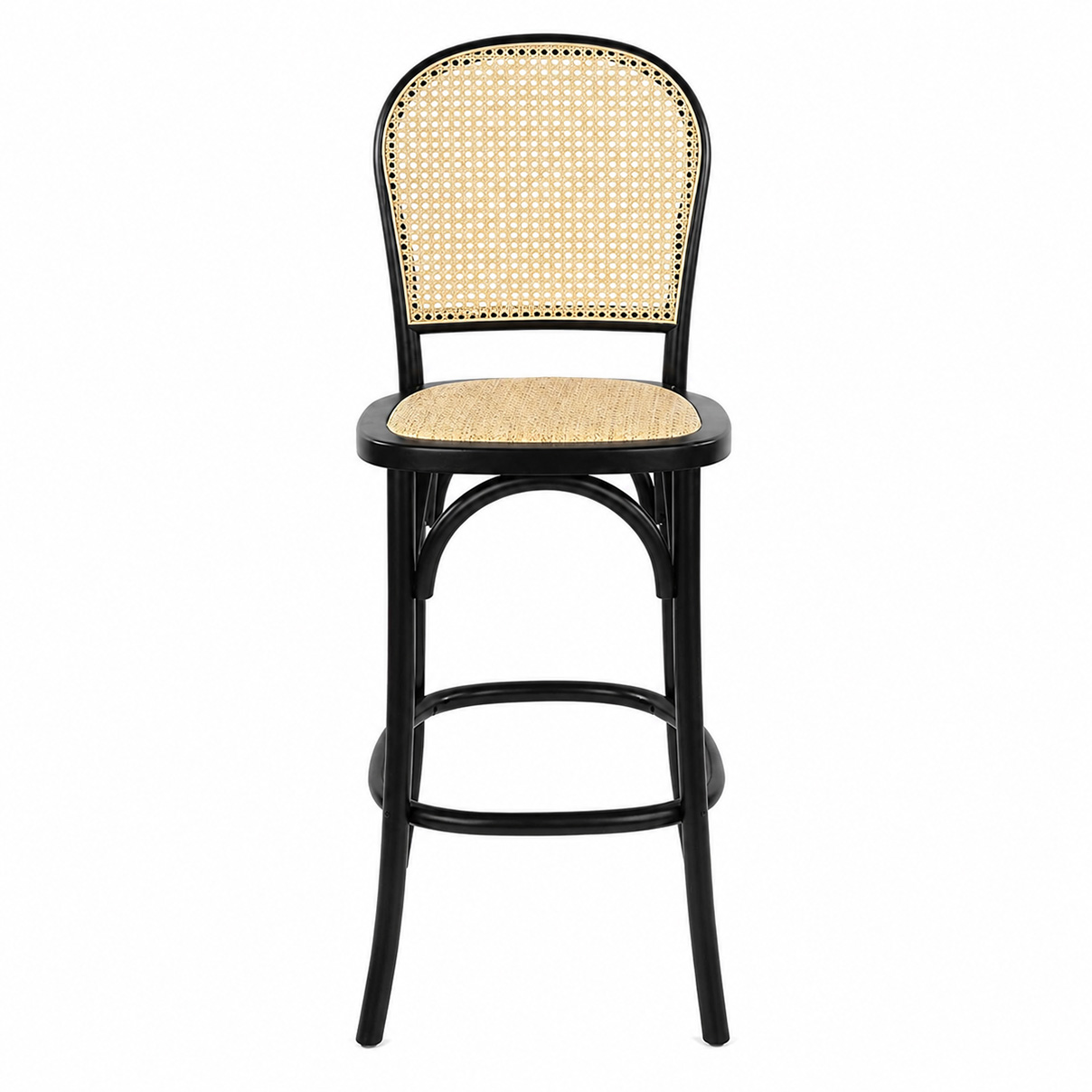 Rattan back bar stool with black frame and natural cane seat