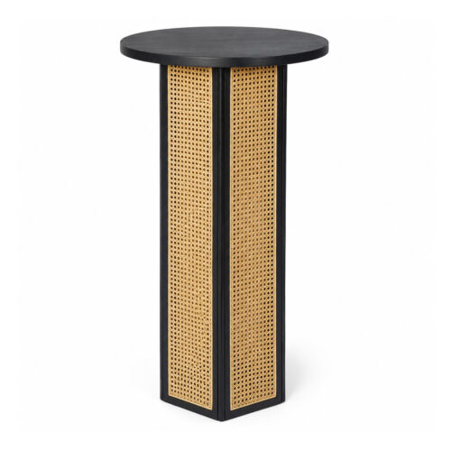 Rattan panel wooden bar table with round black top