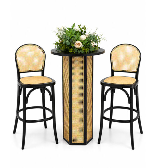 Rattan panel wooden bar table with two matching cane bar stools