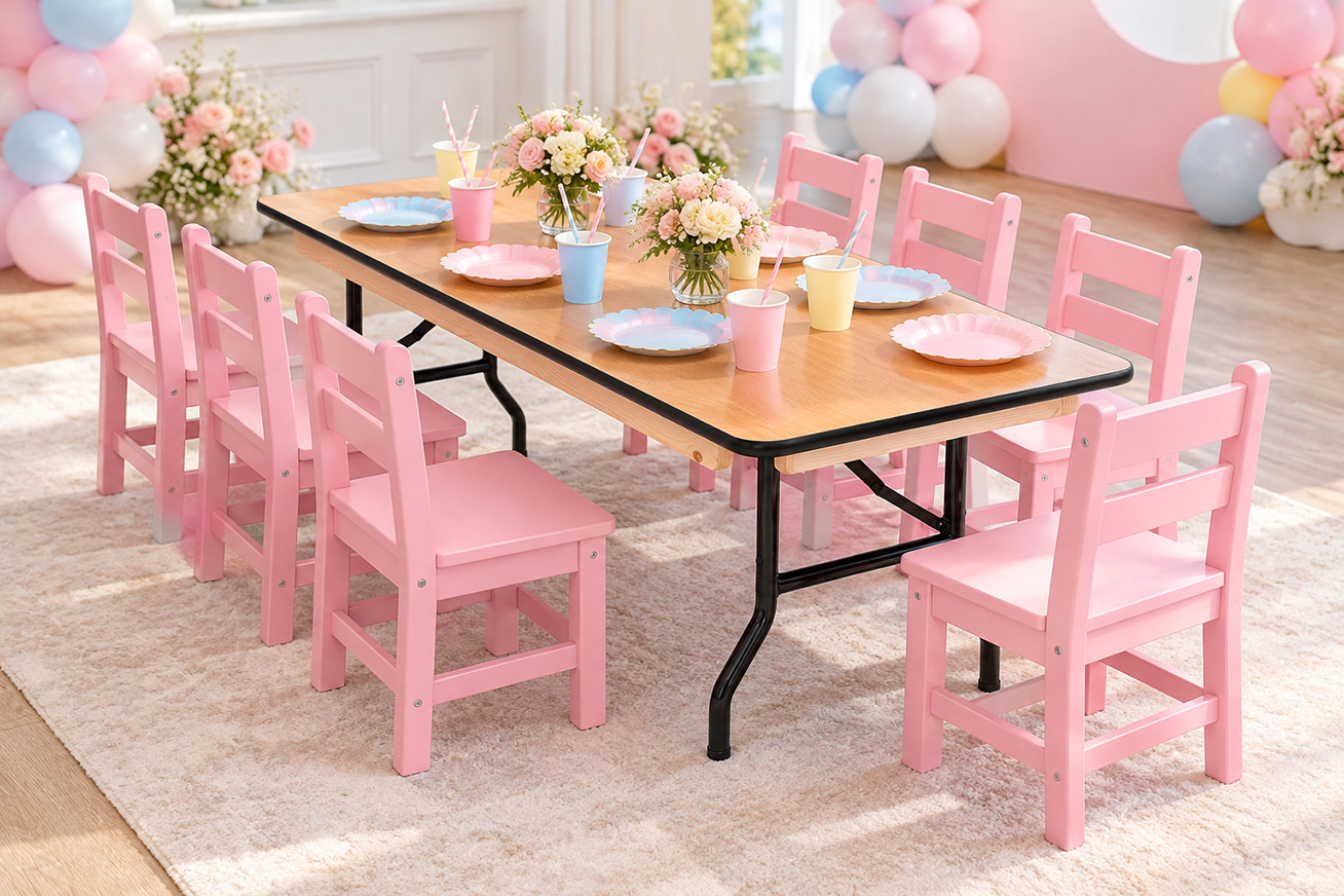 Kids 4-foot folding table with eight pink kids chairs at a party setting