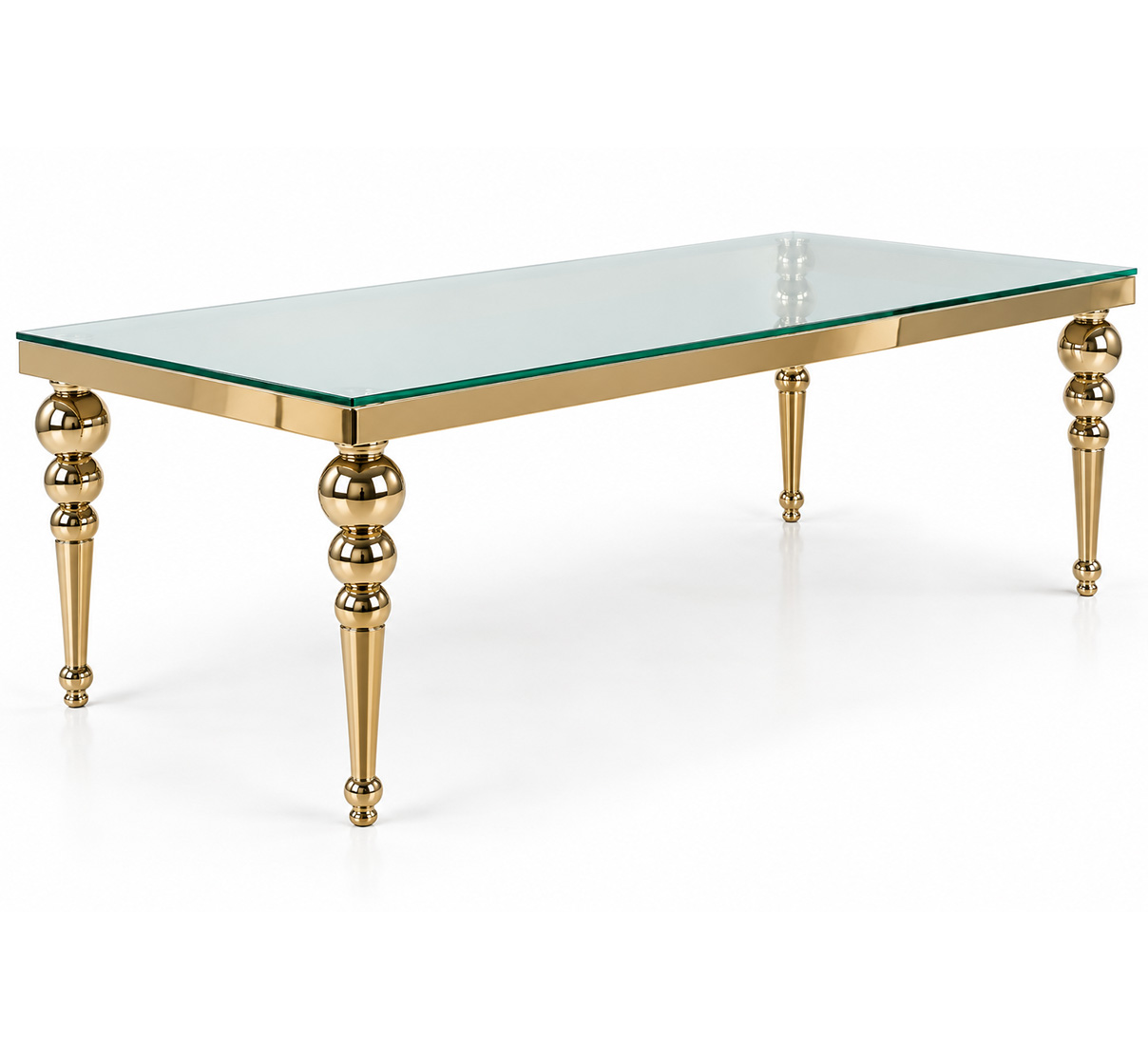 Kids party table with polished gold stainless steel frame and clear glass tabletop