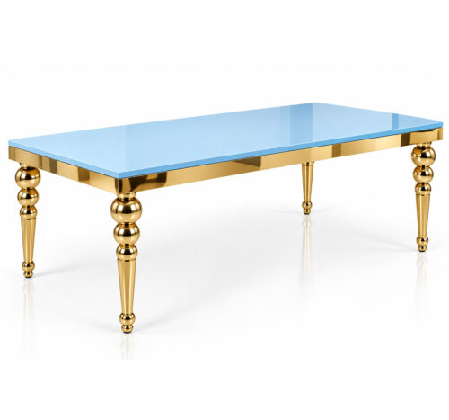 Kids party table with gold stainless steel frame and pastel blue MDF tabletop