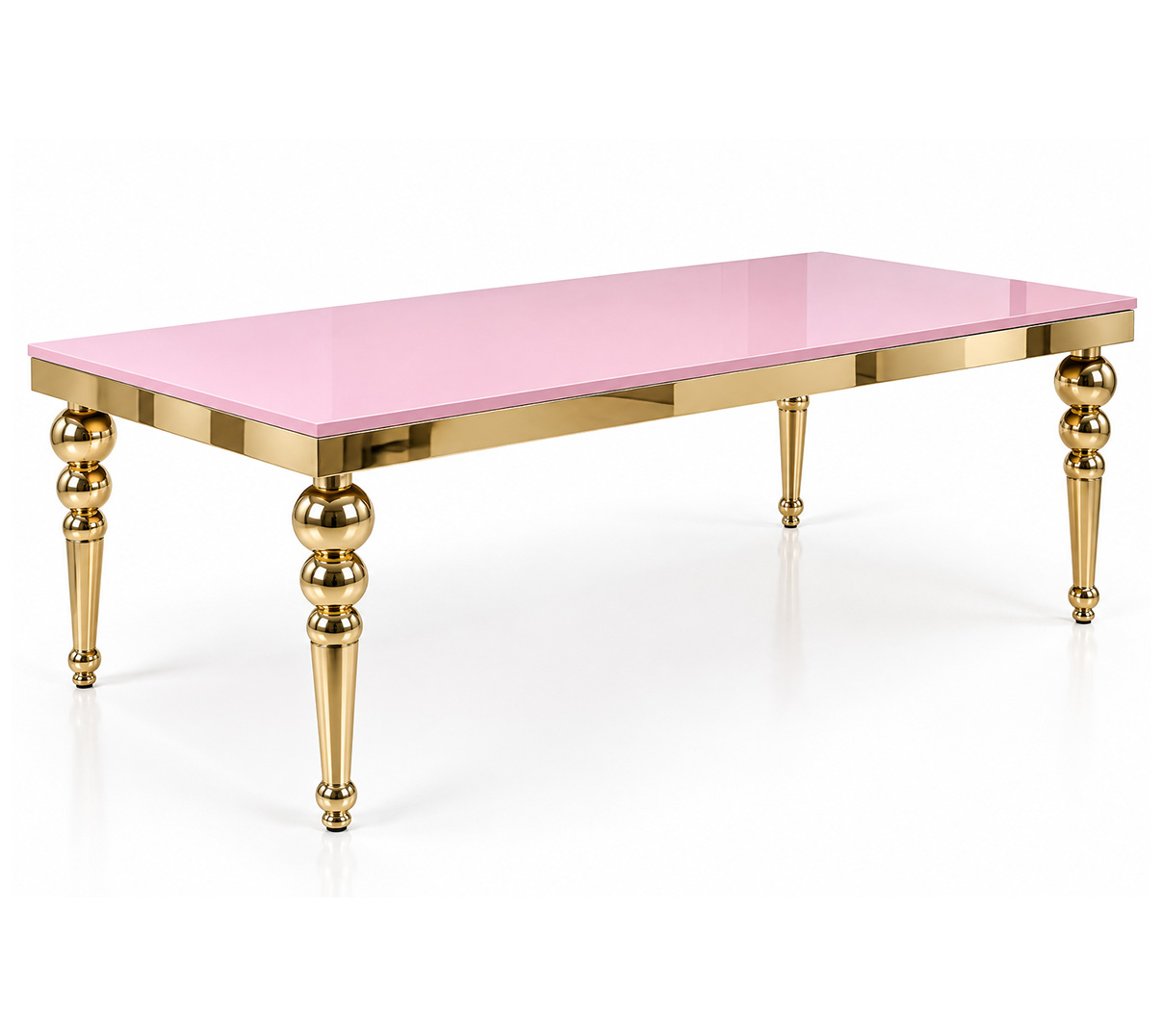 Kids party table with gold stainless steel frame and custom pink MDF tabletop