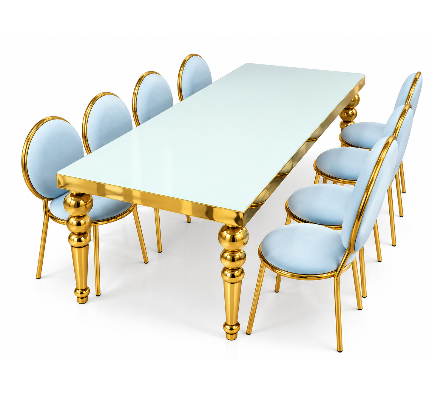 Kids party table with gold stainless steel frame and pastel blue Kids Celeste round back chairs