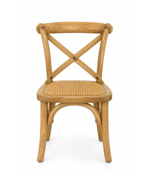 Natural wood cross back kids chair with woven rattan seat