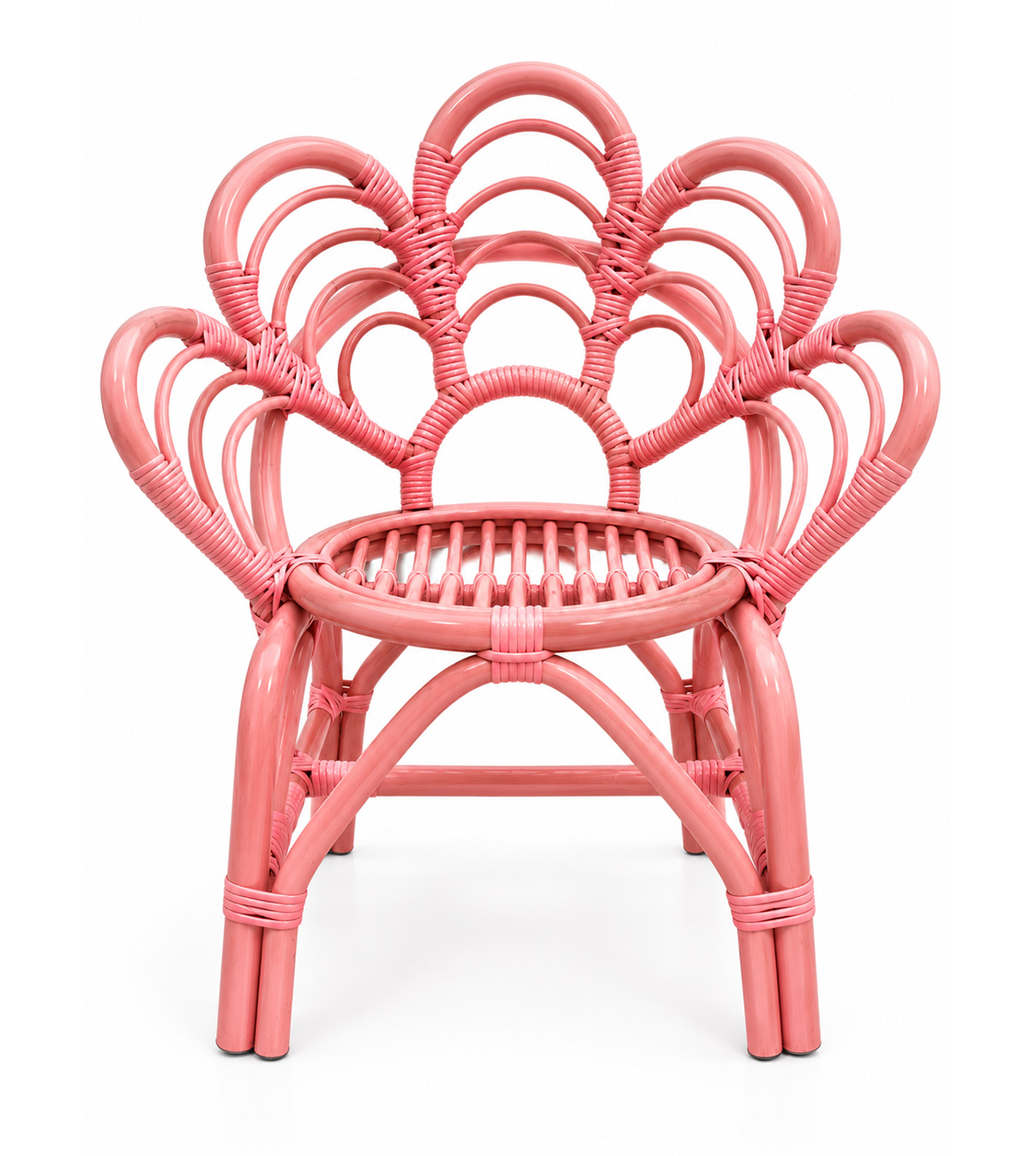 Pink rattan kids armchair with handcrafted rainbow flower back