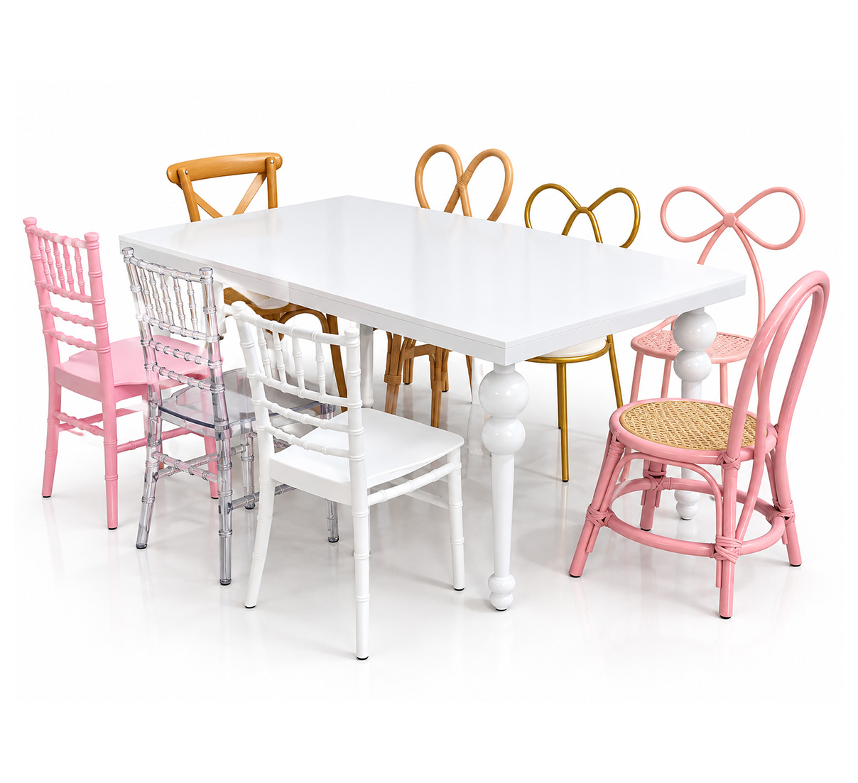 White kids party table with assorted colorful kids chairs for parties and event seating
