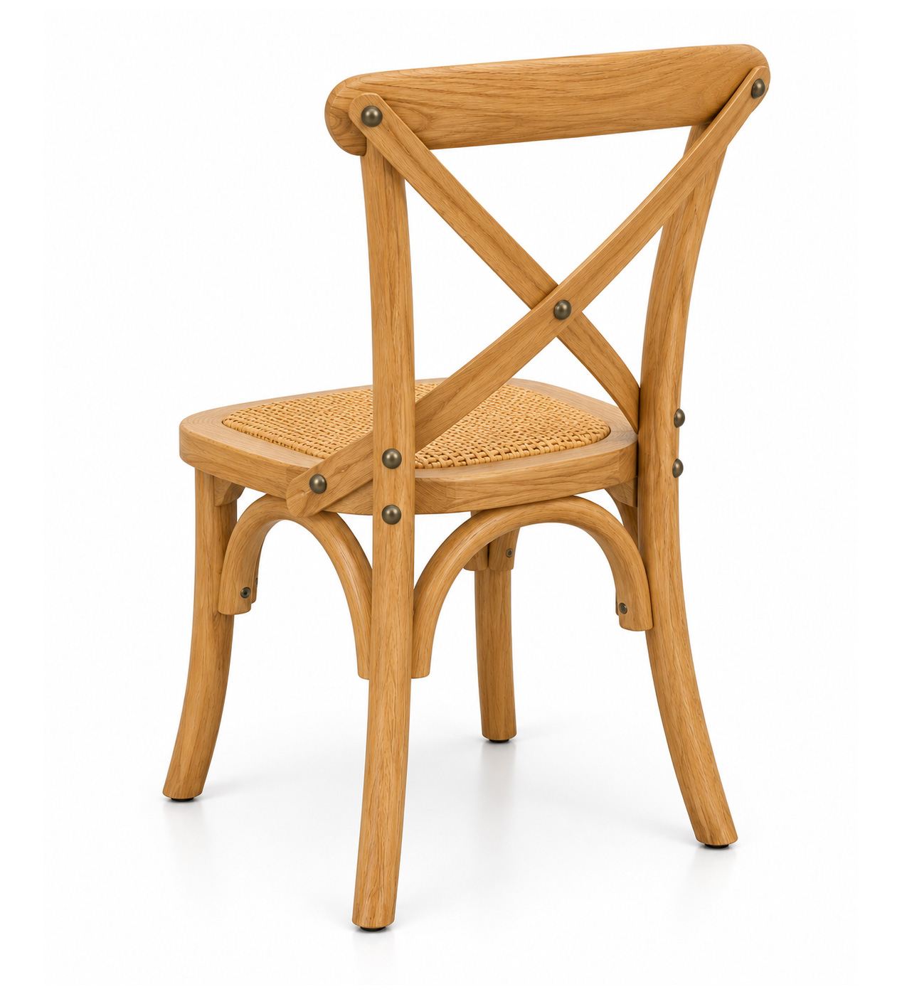 Three-quarter rear view of wooden cross back kids chair with rattan seat