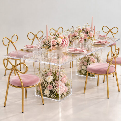 Clear acrylic kids party table with transparent square pedestal bases filled with pink and white flowers, paired with gold metal bow back kids chairs and pink velvet cushions.