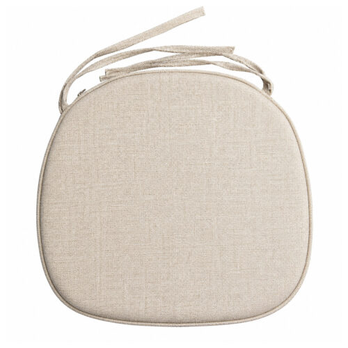 Beige linen-look seat cushion with fabric ties for wooden cross back dining chairs, wedding and event seating