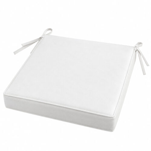 White square padded seat cushion for wrought iron folding chairs, featuring rounded corners, piped edges and matching fabric tie straps for secure attachment.